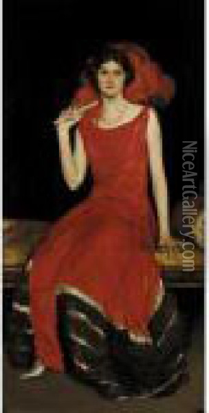 Lady In Red (portrait Of Constance Bridges) Oil Painting - John Lavery