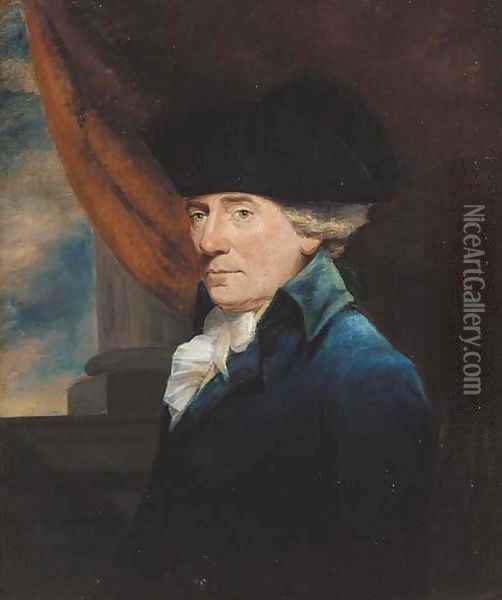 Portrait of a gentleman, half-length, in a blue coat and black tricorn, before a column Oil Painting - English School