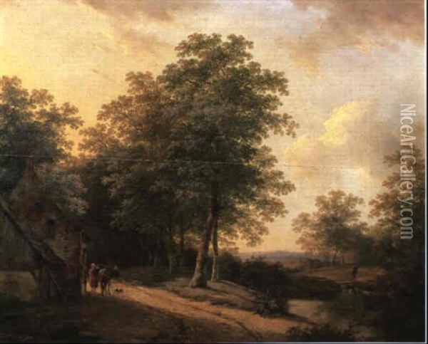 Figures Before A Cottage In An Extensive Wooded Landscape Oil Painting - Andreas Schelfhout