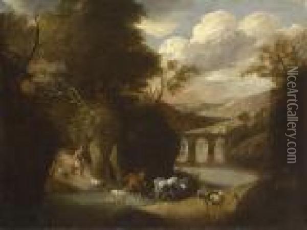 Hirte Mit Herde In Flusslandschaft Oil Painting - Jaques D'Arthois