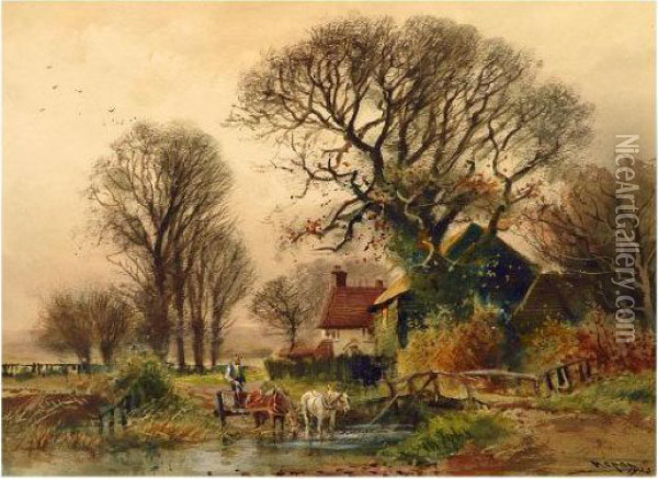 Figure, Two Horses And Cart Fording A Stream Oil Painting - Henry Charles Fox