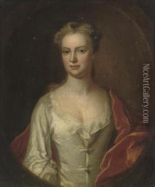Portrait Of A Lady, Half-length,
 In An Oyster Satin Dress With Ared Velvet Wrap, Feigned Oval Oil Painting - Richardson. Jonathan