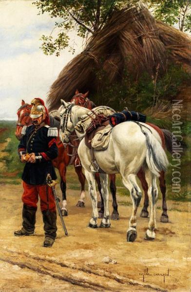 Franzosischer Kavallerist Vor Seinemschimmel Oil Painting - Eugene Chaperon