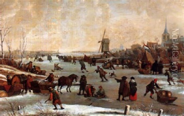 Winterlandschaft Mit Eislaufern Vor Einer Stadt Oil Painting - Hendrick De Meijer