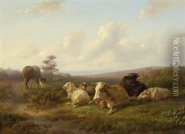 Schafe Und Rinder Auf Einer Weide Oil Painting - Jan Bedijs Tom