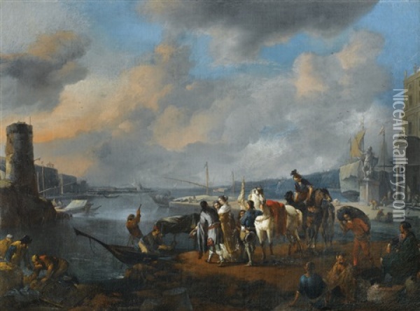 Elegantes Et Cavaliers Dans Un Port Mediterraneen Oil Painting - Johannes Lingelbach