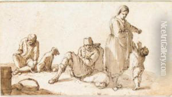 Four Peasants: Two Seated On The Ground With A Dog, And A Woman Playing With A Small Boy Oil Painting - Andries Dirksz. Both