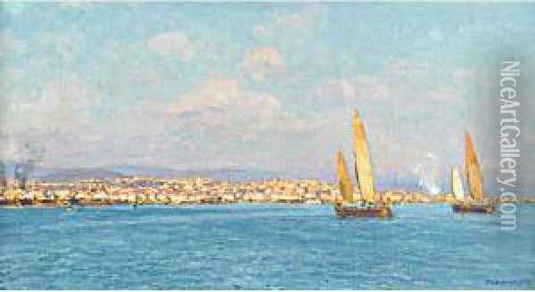 Veduta Di Trieste Dal Mare Oil Painting - Ugo Flumiani