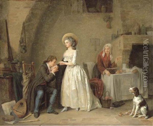 An Amorous Couple In An Interior With An Old Woman Preparing A Meal, Musical Instruments, A Basket Of Flowers And A Dog Oil Painting - Marc Antoine Bilcoq