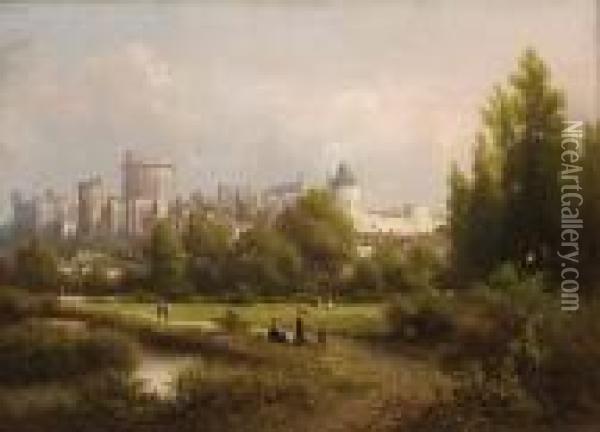 Attractive View Of Windsor 
Castle With Children Playing In The Foreground Oil Painting - Albert Rieger