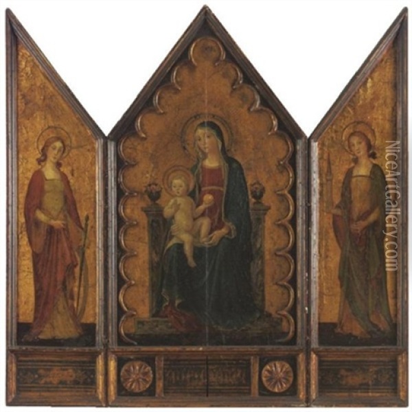 Madonna And Child With St. Catherine And St. Barbara (triptych) Oil Painting - Romano Antoniazzo
