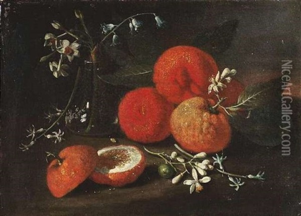 Stilleben Mit Orangen Und Orangenbluten In Einer Glasvase Oil Painting - Giovanni Battista Ruoppolo