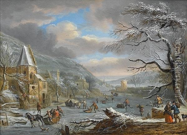 A Winter Landscape With Figures Skating On A Frozen River Oil Painting - Dirk Iii Dalens