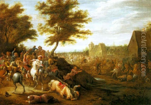 Cavalry Battle Near A Village Oil Painting - Lambert de Hondt