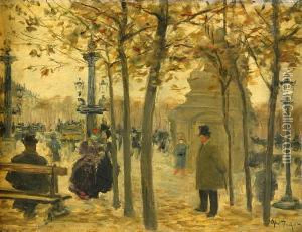 Parisiskt Parkmotiv Med Figurer. Oil Painting - Louis Abel-Truchet