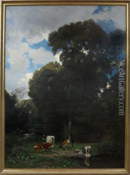 Paysage Avec Une Lavandiere Vaches Oil Painting - Jean Henri Zuber