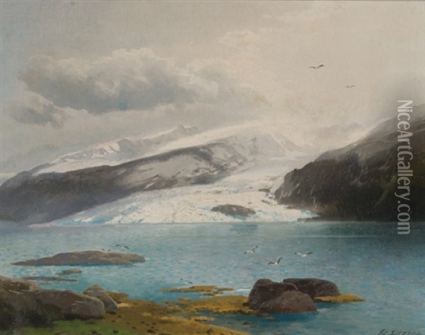 Snowcapped Mountains Along A Coast Oil Painting - Hermann Herzog