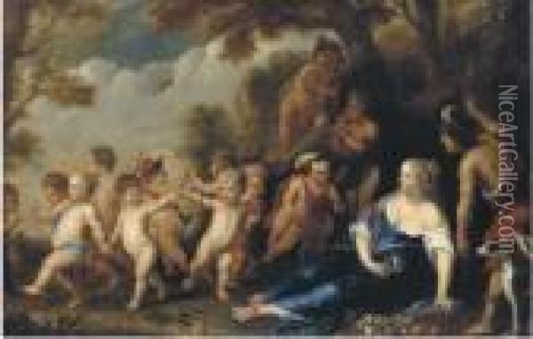 Venus And Adonis Surrounded With Putti In A Landscape Oil Painting - Balthasar Beschey