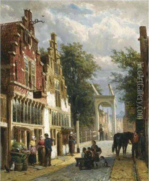 Figures In The Streets Of Alkmaar Oil Painting - Cornelis Springer