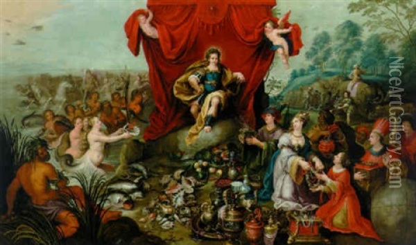 Apollo Enthroned, Presented With The Gifts Of The Continents And Oceans Oil Painting - Hans Jordaens III