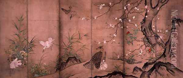 Birds and Flowers in a Landscape, right screen, 1575 Oil Painting - Hagetsu Tosatsu