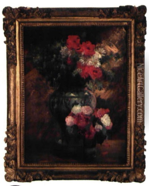 Bouquet De Fleurs Et De Roses Dans Un Vase Oil Painting - Jean Andre Rixens