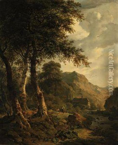 A Wooded Landscape With Figures Resting Near A Watermill Oil Painting - Pierre Jean Hellemans