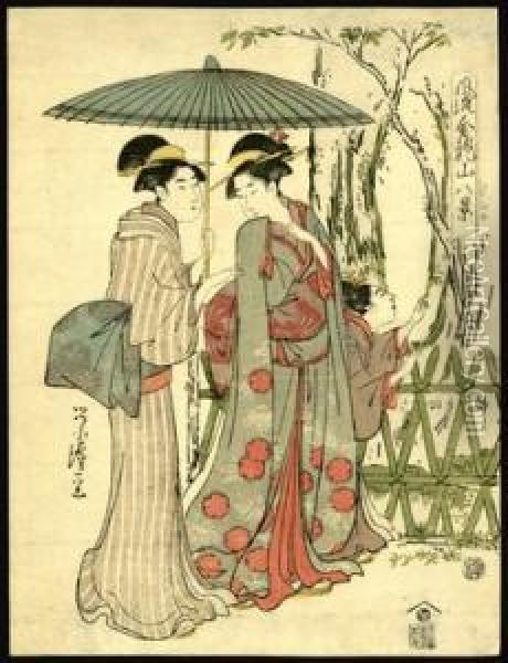 Two Beauties And Girl Under Umbrella Oil Painting - Chobunsai Eishi