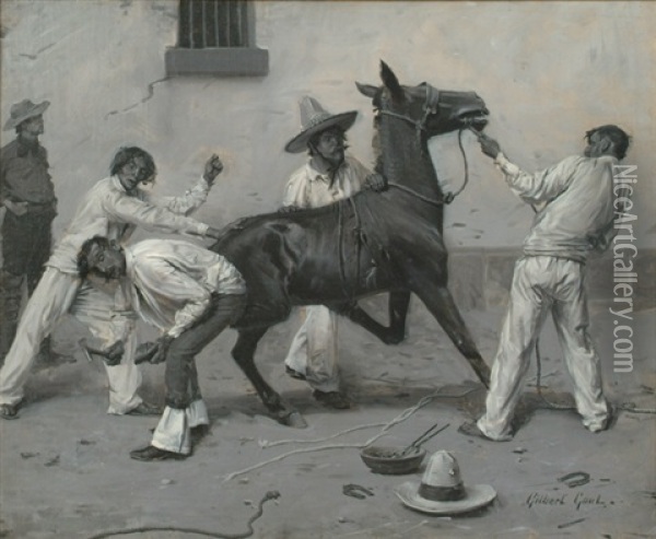 Southwestern Genre Scene W/horse & Figures Oil Painting - Gilbert Gaul