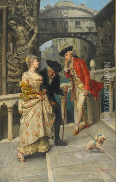 Lovers And Chaperone Meeting On The Venetian Canal Oil Painting - Giocomo Mantegazza