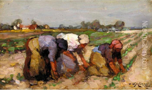 Field Workers At Cambushennell, A Pair Oil Painting - William Watt Milne