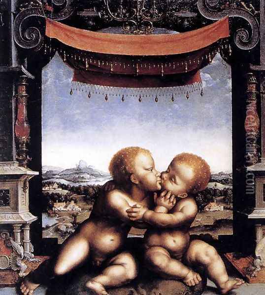 The Infants Christ and Saint John the Baptist Embracing 1525-30 Oil Painting - Joos Van Cleve