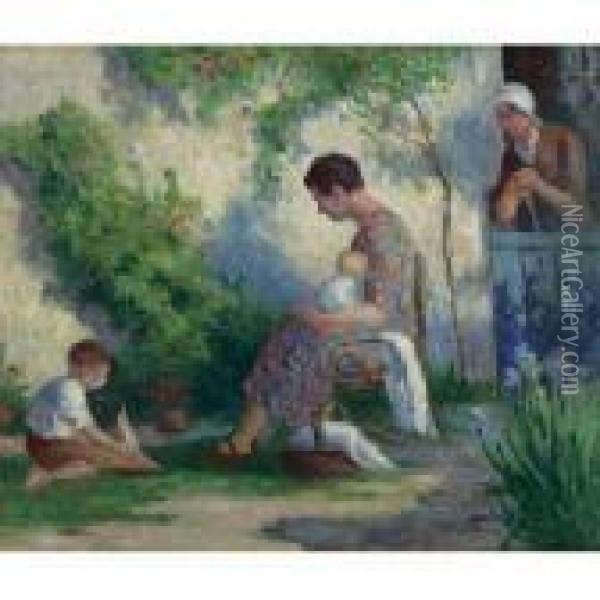 Rolleboise: Madame, Jean, Et Madeleine Oil Painting - Maximilien Luce