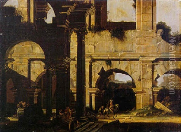 Un Cavaliere Con Un Paggio, Un Edificio Antico Diroccato Di Ordine Dorico A Pianta Basilicale Oil Painting - Niccolo Codazzi