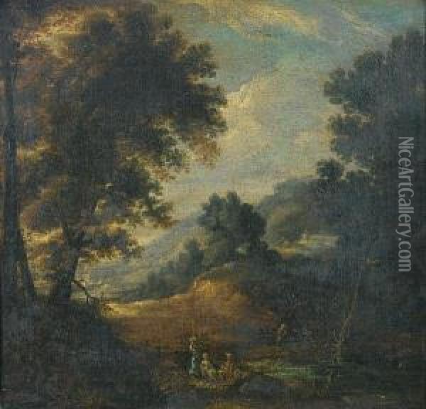A Wooded Landscape With Figures Resting On Ariverbank Oil Painting - Mattijs Schoevaerdts