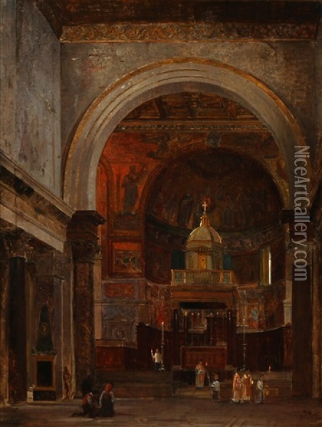 Italian Church Interior Oil Painting - Peter Kornbeck