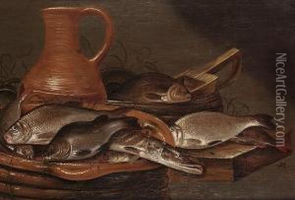 A Pike, Carp, And Other Fish On An Earthern Ware Plate With A Jug On A Table Top Oil Painting - Pieter de Putter