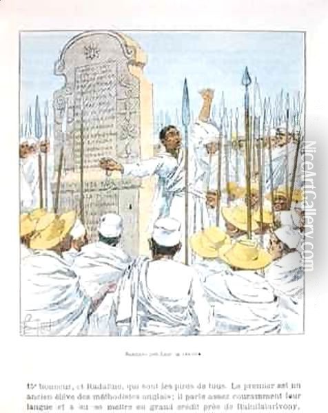 Sorcerers preaching revolt against France after the French occupation of Madagascar in 1895 Oil Painting - Louis Bombled