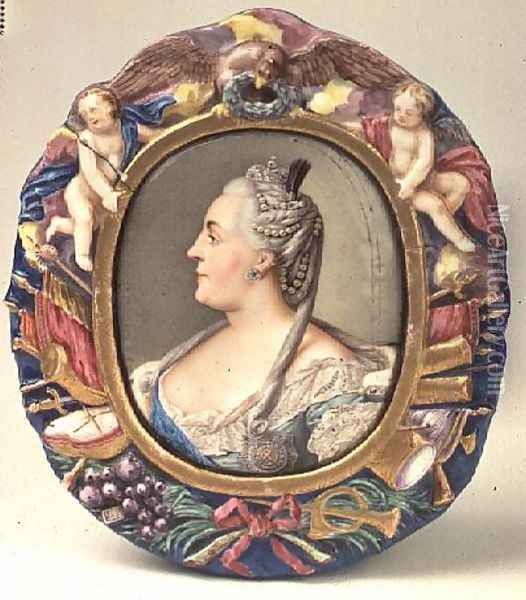 Catherine II (1729-96) after a portrait by Feodor Rokotov, enamel and copper, frame from the Imperial Porcelain Factory, St. Petersburg Oil Painting - Andrei Ivanovich Chernyi
