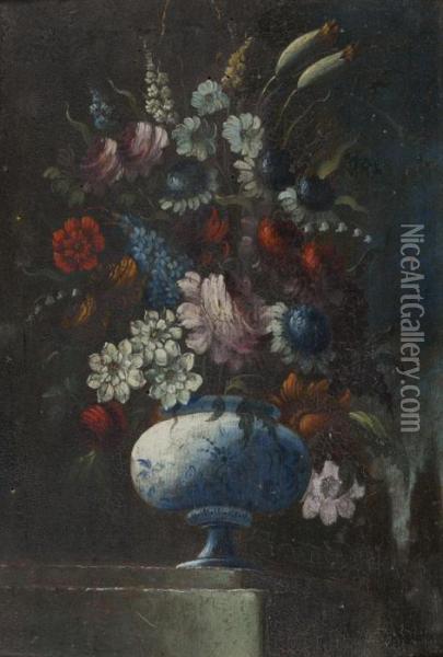 Bouquet De Fleurs Dans Un Vase Sur Un Entablement Oil Painting - Giuseppe Lavagna