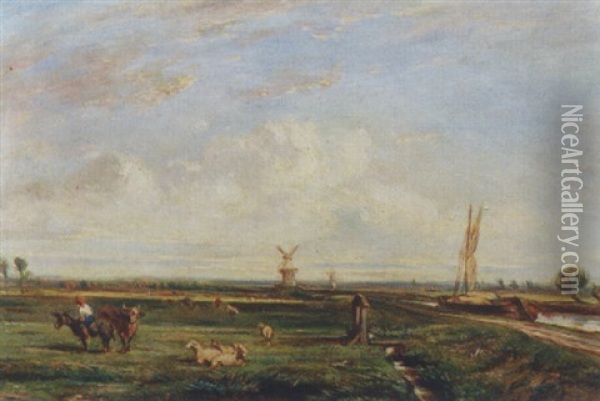 Kanallandschaft Mit Weidendem Vieh Und Windmuhle Oil Painting - Camille Joseph Etienne Roqueplan