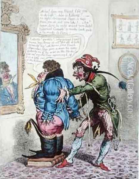 French Taylor fitting John Bull with a Jean de Bry 2 Oil Painting - James Gillray