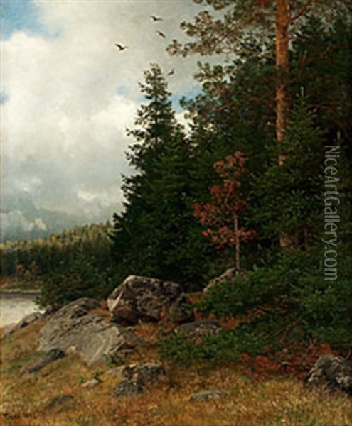 Norskt Skogslandskap Oil Painting - Hans Frederick Gude