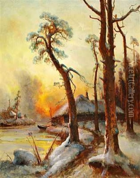 Vinterlandskab Med Hytte Ved Et Flodlob Ved Solnedgangstide Oil Painting - Yuliy Yulevich (Julius) Klever