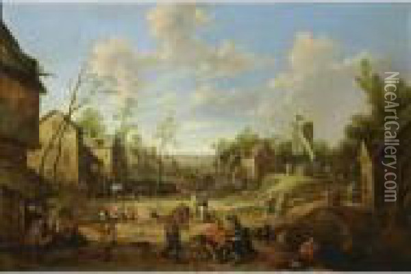 A Village Street With A Mill And
 Figures Outside A Tavern And Other Figures On The Street With 
Horse-drawn Wagons Oil Painting - Joost Cornelisz. Droochsloot