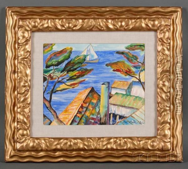 Rooftop View To The Sea With Sailboat Oil Painting - Selden Connor Gile