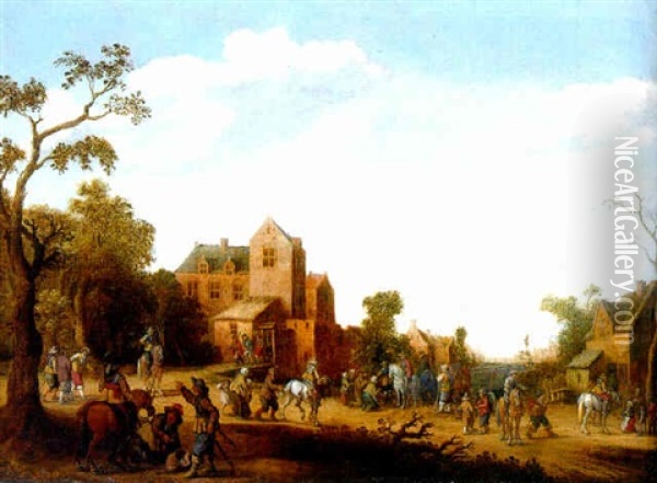 A Village Street With Soldiers Conscripting Men For War And Collecting Tithes Oil Painting - Joost Cornelisz. Droochsloot