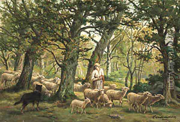 Shepherdess and Her Flock Oil Painting - Charles Ferdinand Ceramano