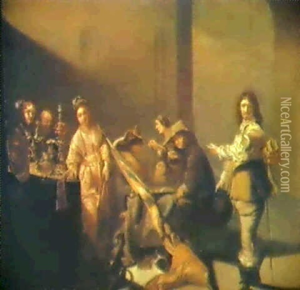 A Guardroom Interior With Soldiers And Courtesans Gambling Oil Painting - Jacob Duck