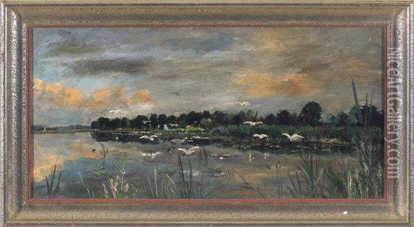 Mowen Am Seeufer In Abendlicher Landschaft Oil Painting - Wilhelm Braun